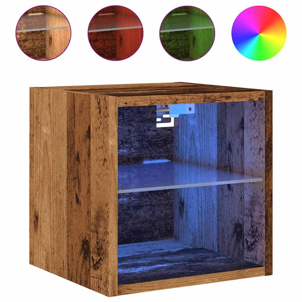 Set di 2 armadi da parete con illuminazione LED RGB, effetto legno antico, 30 x 28,5 x 30 cm, sospesi per soggiorno, camera da letto, centro intrattenimento
