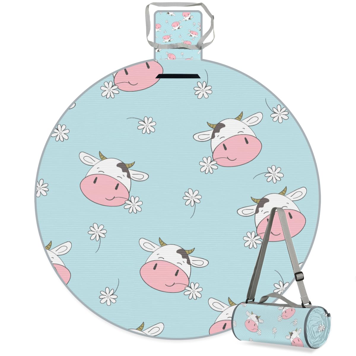 Shimoshe Flower Cow Picnic Outdoor Blanket Foldable Waterproof Sandproof Beach Blanket Portable Water-Resistant Round Picnic Mat for Travel Camping Park Lawn