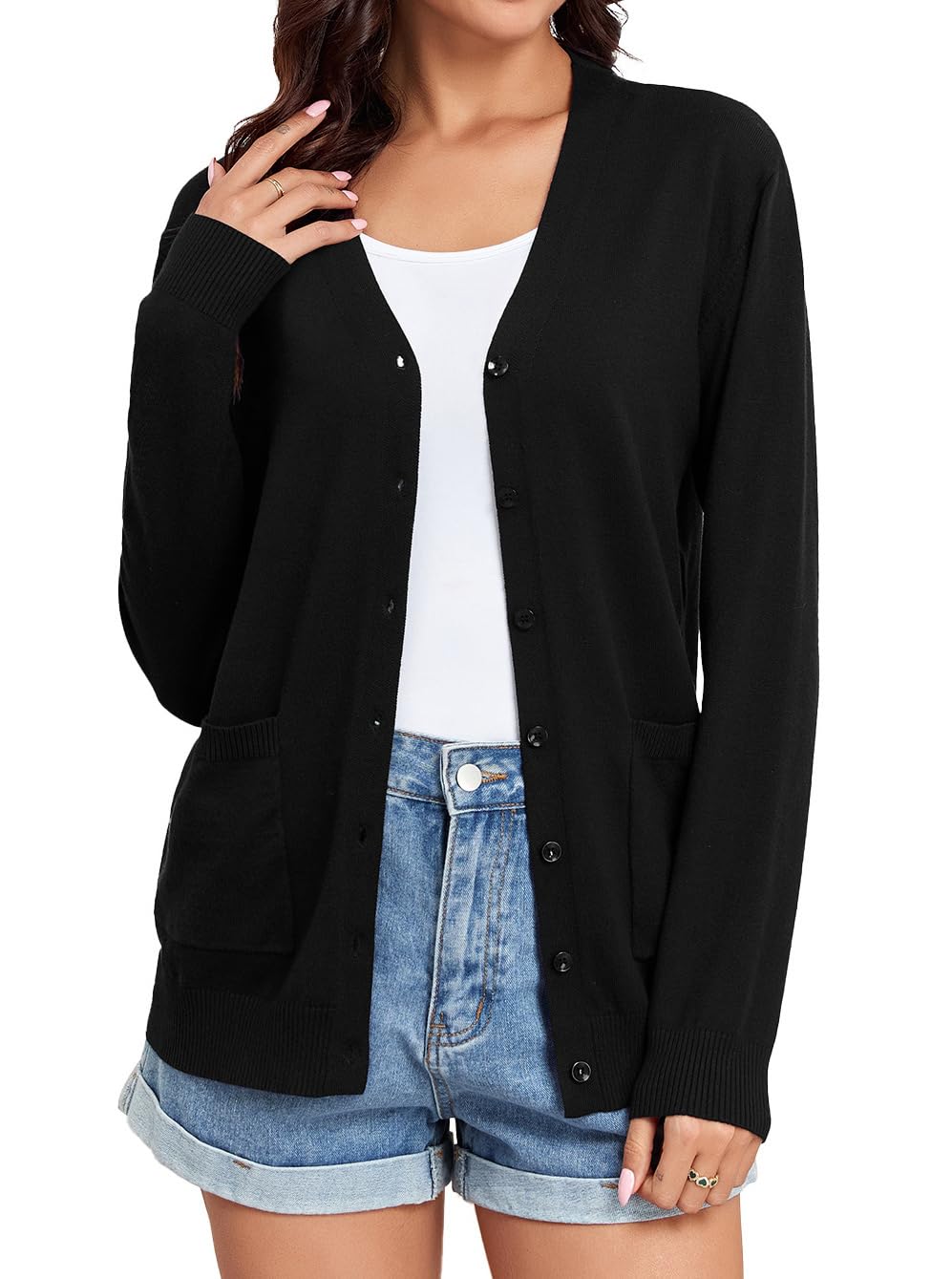 Women's Lightweight Button Down Cardigan Sweaters Long Sleeve Classic V Neck Knit Soft Shrugs with Pocket-image-41