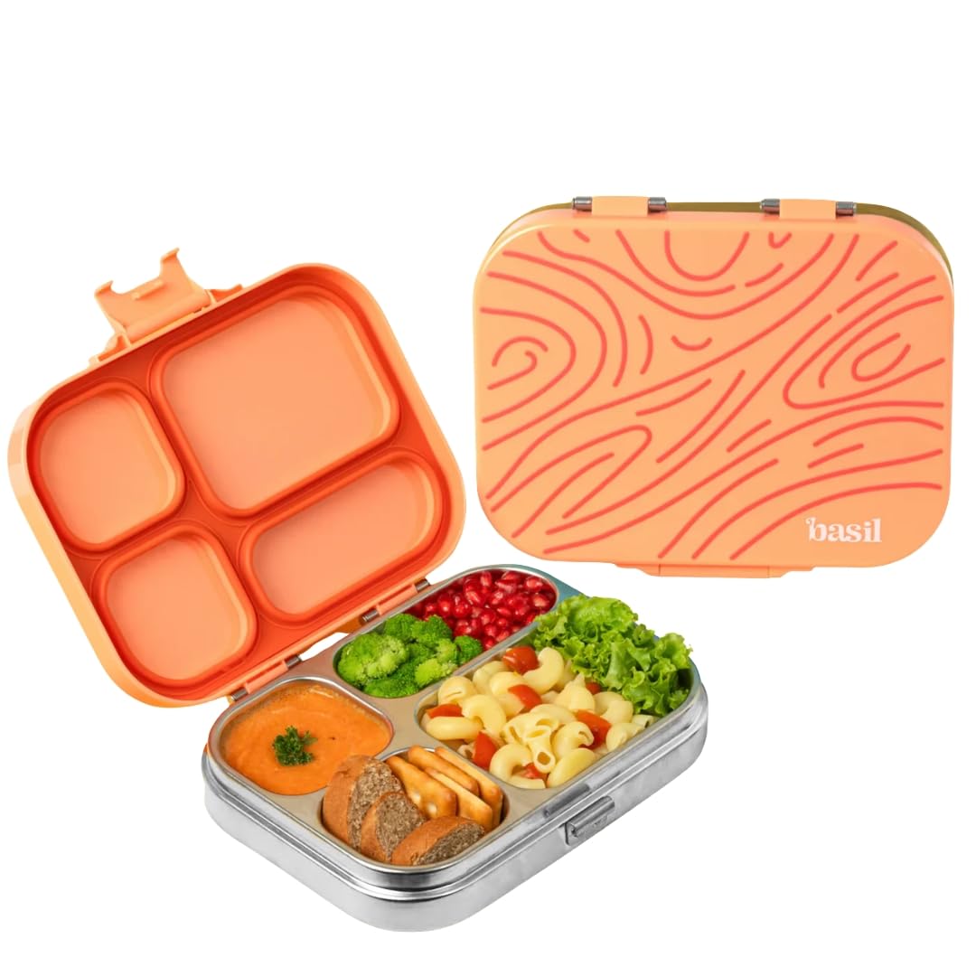 Basil Bento Box Quad - 4 Compartment Stainless Steel Lunch Box with BPA-Free Plastic Lid | 800 ml Leak-Proof Tiffin Box for Kids & Adults | Premium School, Office, and Picnic Lunch Box - Coral Swirl