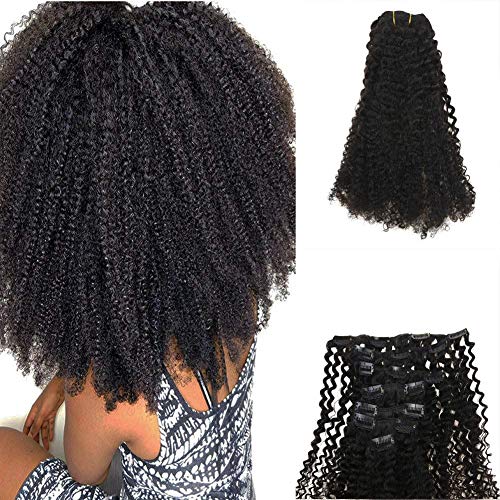 Moresoo 24 Inch Clip in Hair Extensions Human Hair Clip in Color #1B Off Black Afro Curl Hair Extension for Africa Women Brazilain Remy Human Hair Extension 7pcs Set 100g
