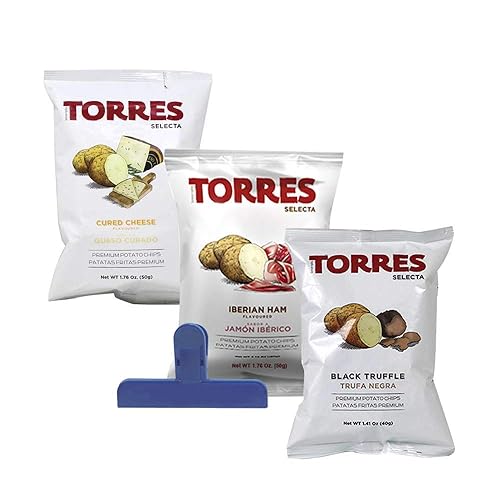 Torres Premium Patatas fritas - Clip para bolsa del mundo, 1 patatas fritas manchego (1.76 onzas), 1 patatas fritas negras (1.41 onzas), 1 patatas