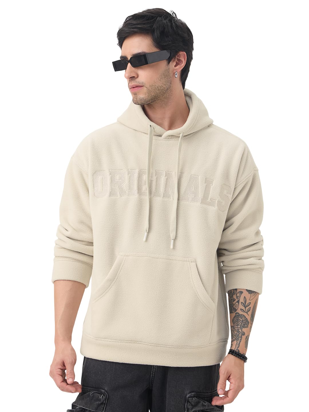 Creme Men and Boys Full Sleeves Hooded Neck Solid Embroidered Polar Fleece Soft Fleece Winter Wear Oversized Pullover Hoodie-image-4