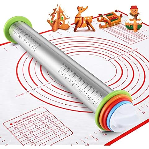 Stainless Steel Rolling Pin and Silicone Mat Set Cover