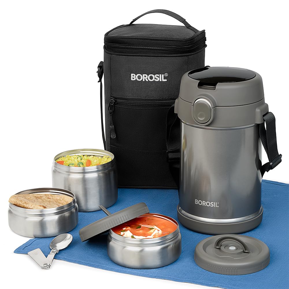 Borosil CarryMe Stainless Steel Lunch Box with Bag | 3 Pcs Set (320 ml x 2 + 600 ml x 1) | Insulated Lunch Box with Foldable Spoon | Keep Food Warms Up to 10 Hours | Grey (B0CM6HC5TT) Amazon Price History, Amazon Price Tracker