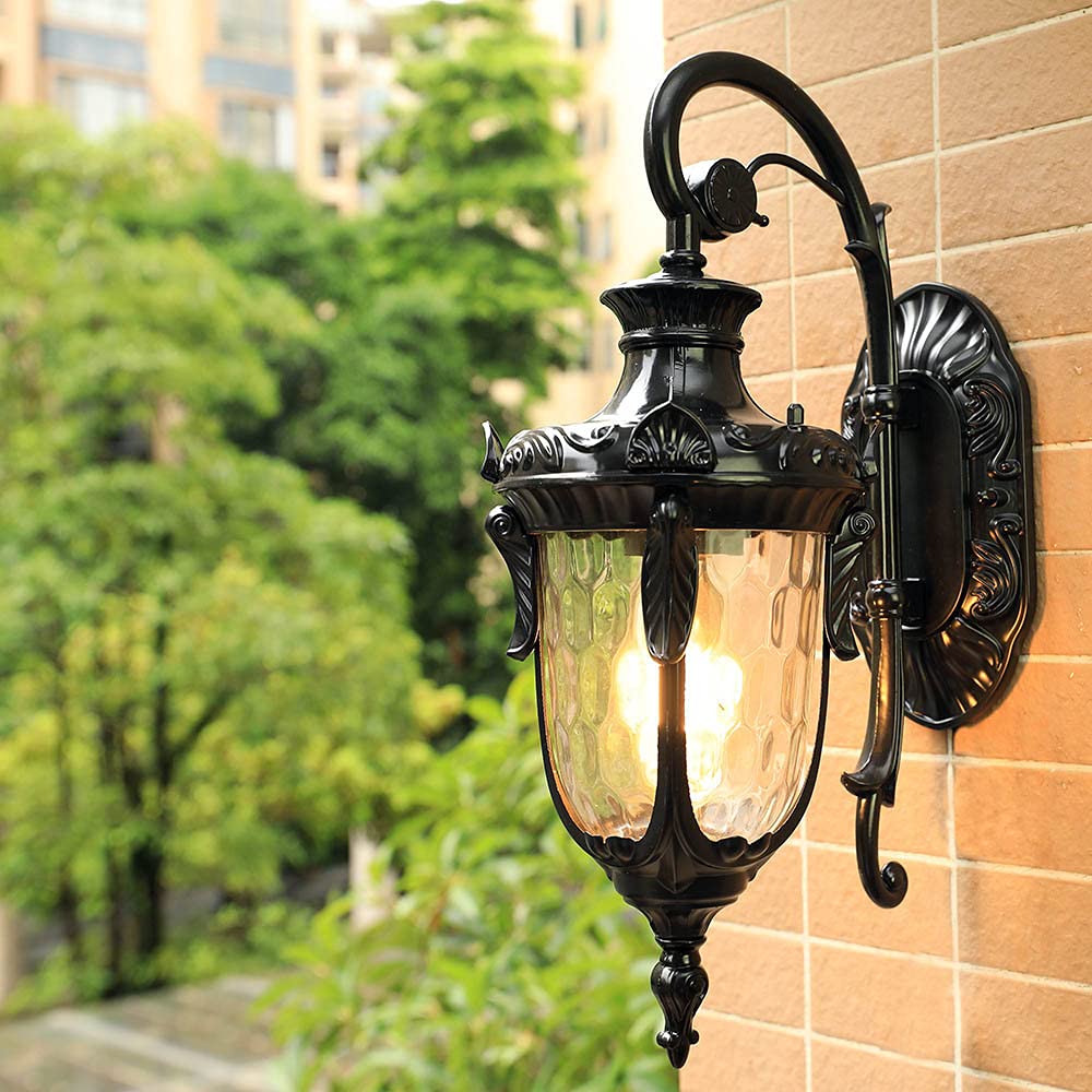 HELCEKOU Vintage Glass Lantern Outdoor Wall Lamp Waterproof LED Garden Sconce for Villa Terrace Balcony Black E27 External Light