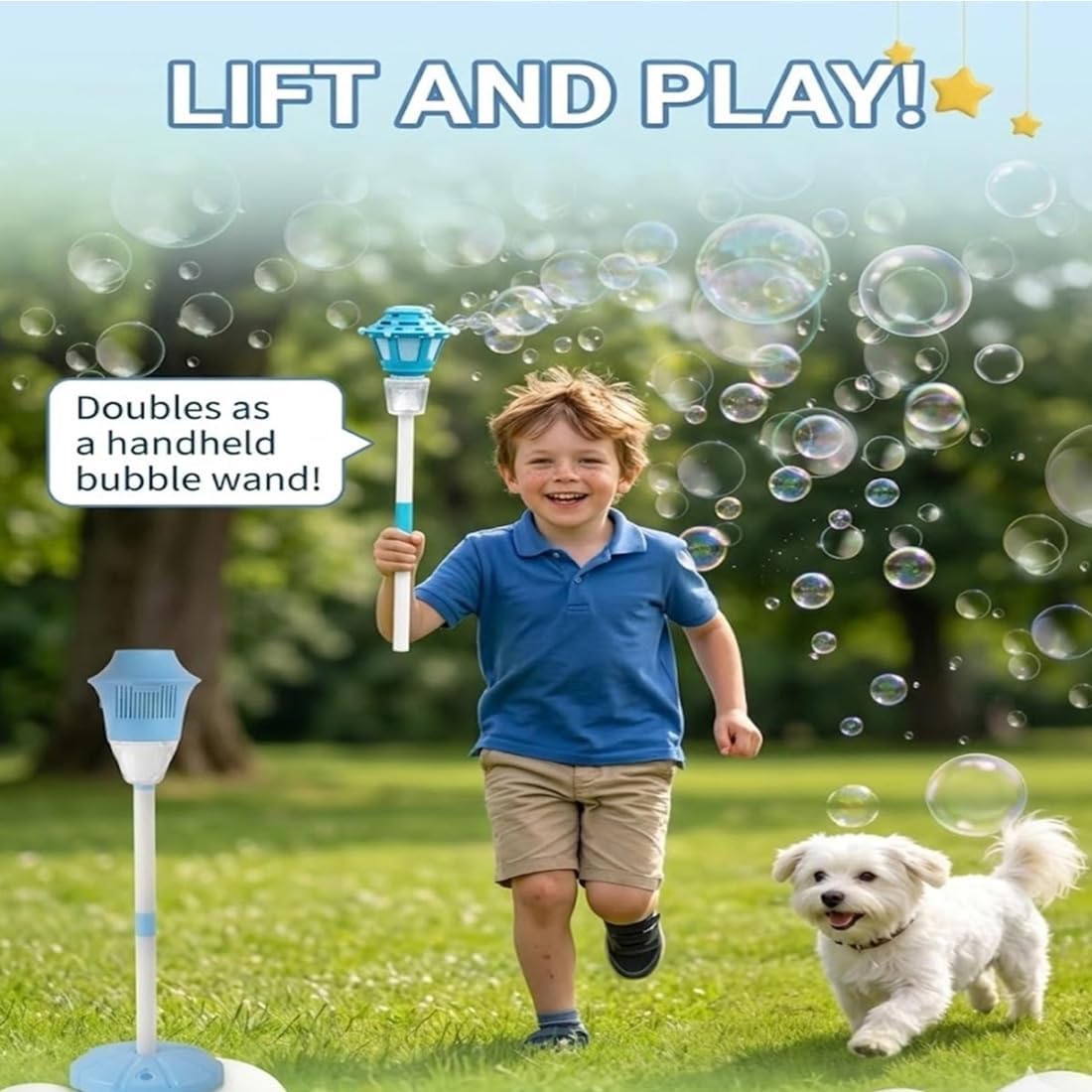 Automatic Handheld Bubble Machine, Outdoor Standing Light Up Bubble Blower, Electric Stand up Bubbles Maker for Party Wedding Play, Adjustable Height (Blue)