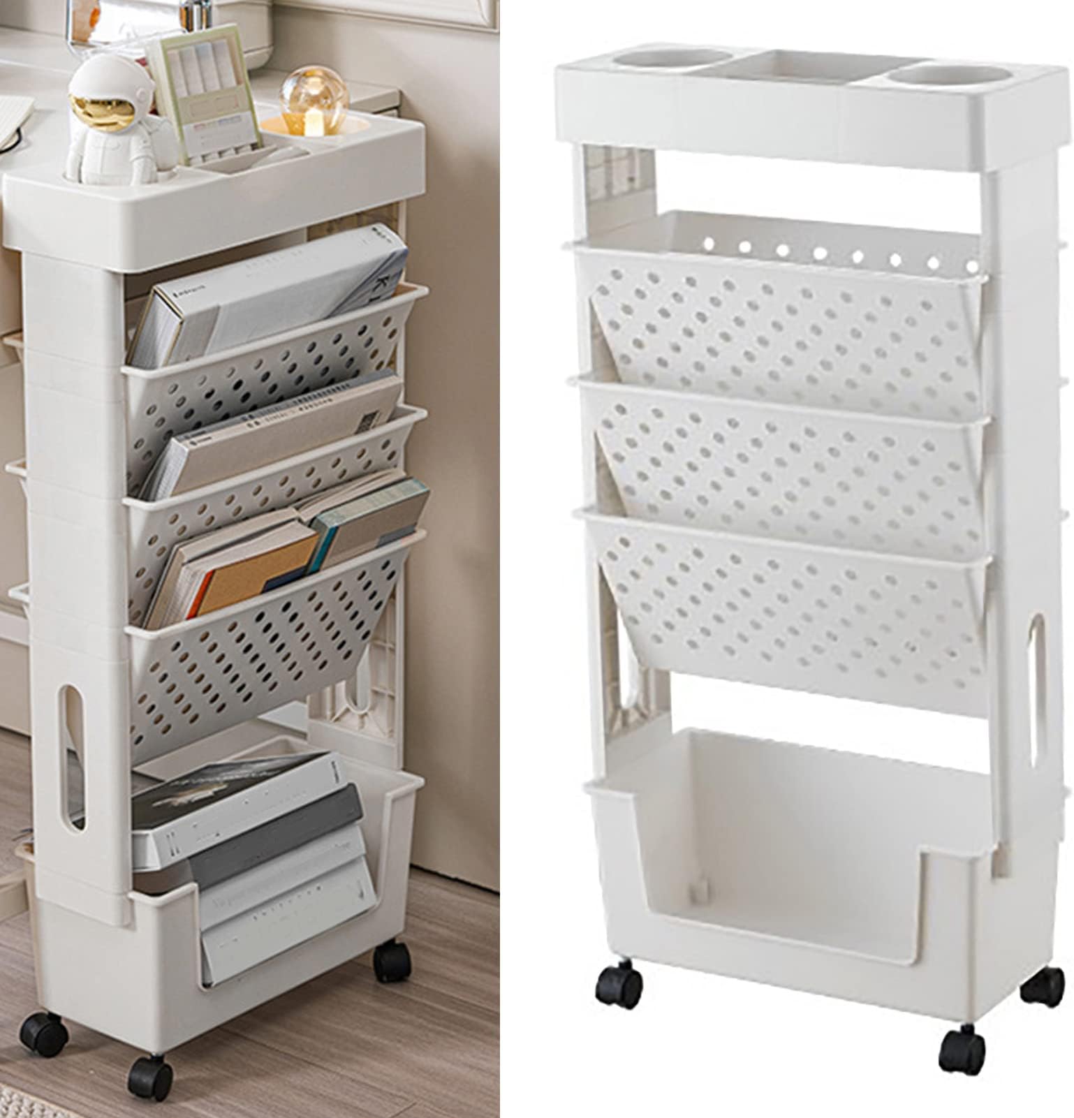 YLSZHY Mobile Storage Bookshelf, Removable Movable Book Rack Book Storage Organizer, Rolling Cart Storage Rack for Office School Home Magazine Files Books Storage(White)