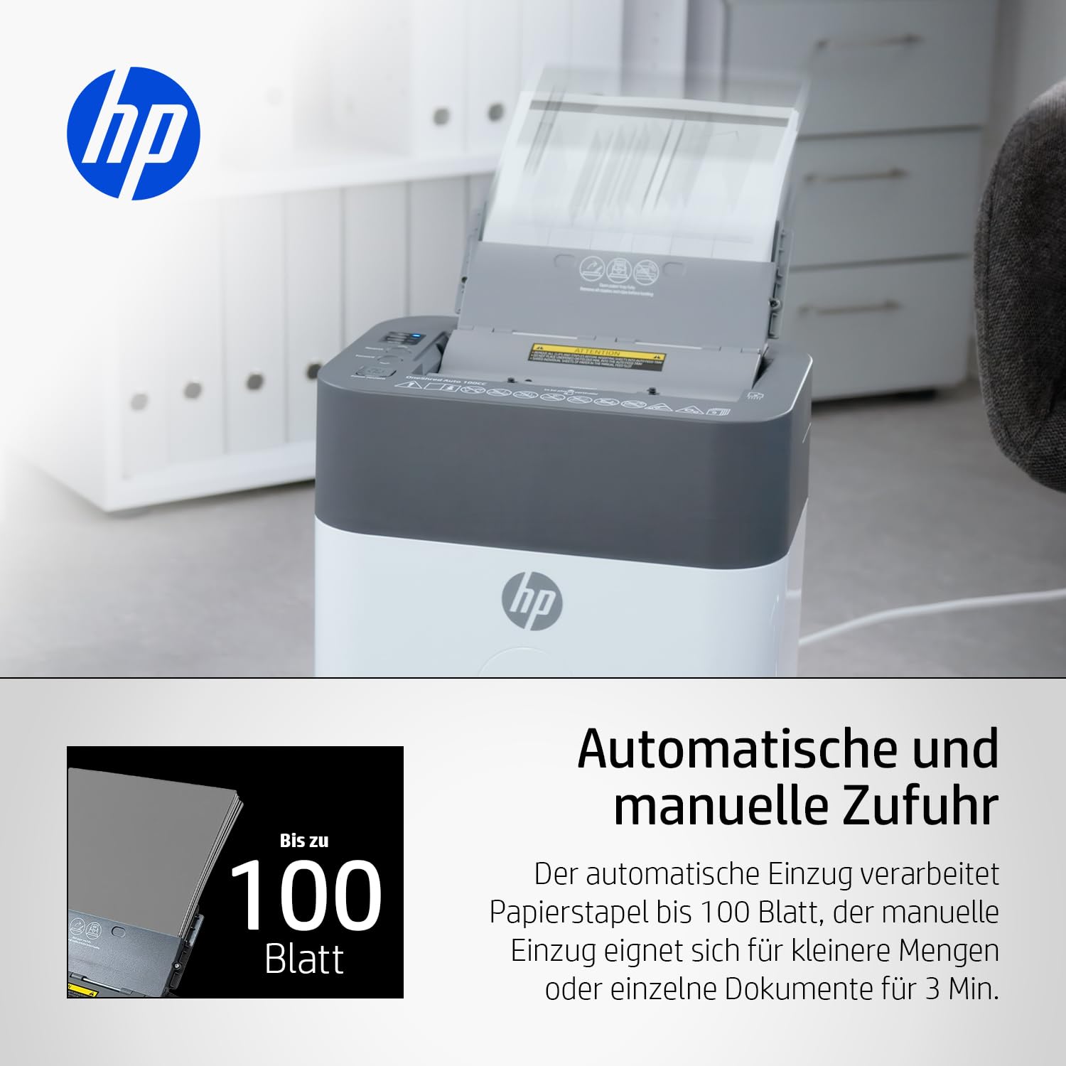 HP OneShred Auto 100CC Aktenvernichter P-4 | Papierschredder mit 100 Blatt Auto-Feed | Schredder Aktenvernichter Cross Cut | Shredder Papier 9 Blatt Manuell | Paper Shredder 17L | Aktenschredder
