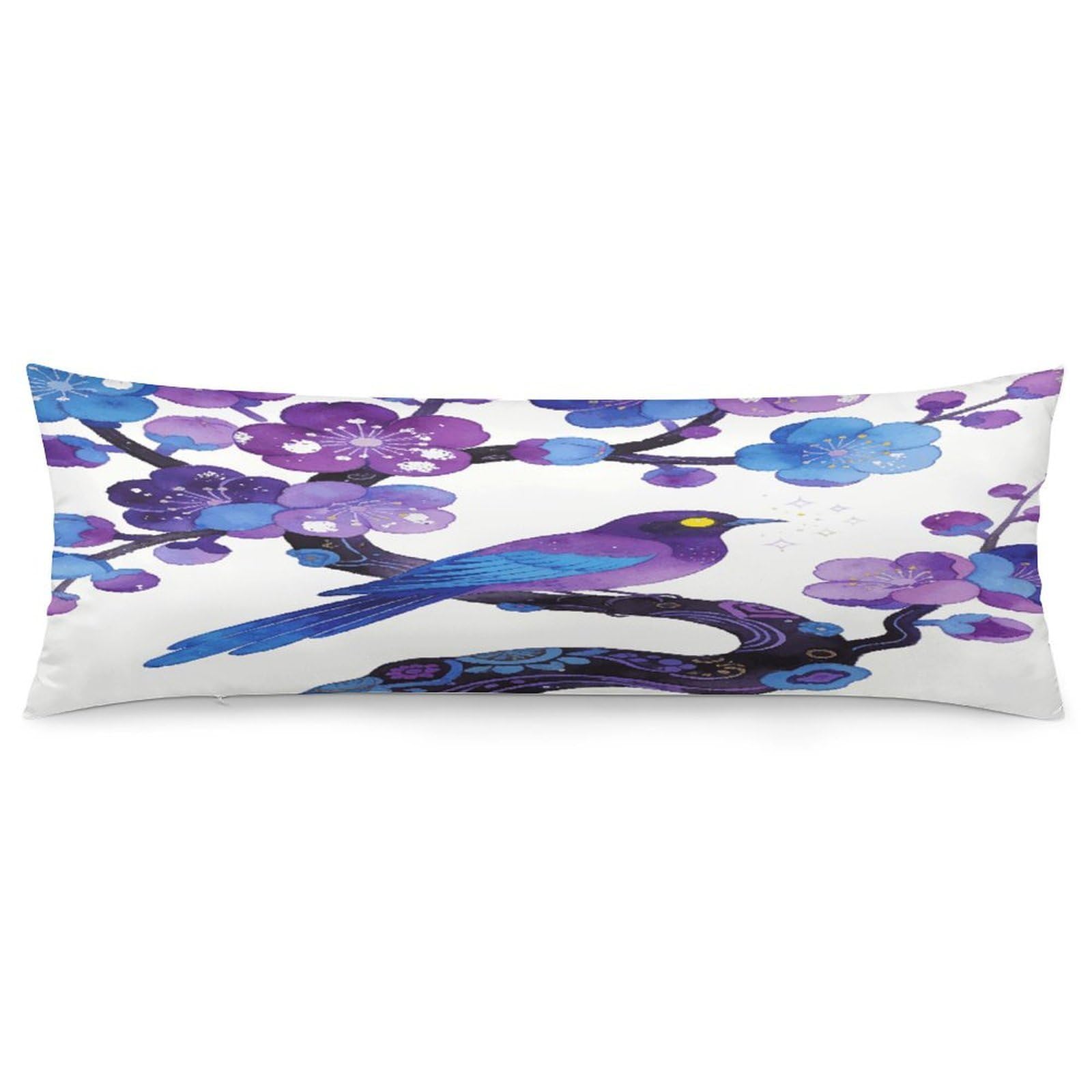 Purple Plum Blossoms Adorn Sparrows Body Pillowcase Soft Breathable Full Long Pillow Cover 20x54 Inches Polyester Pillow Case with Hidden Zipper Closure for Bedroom Home Decorations