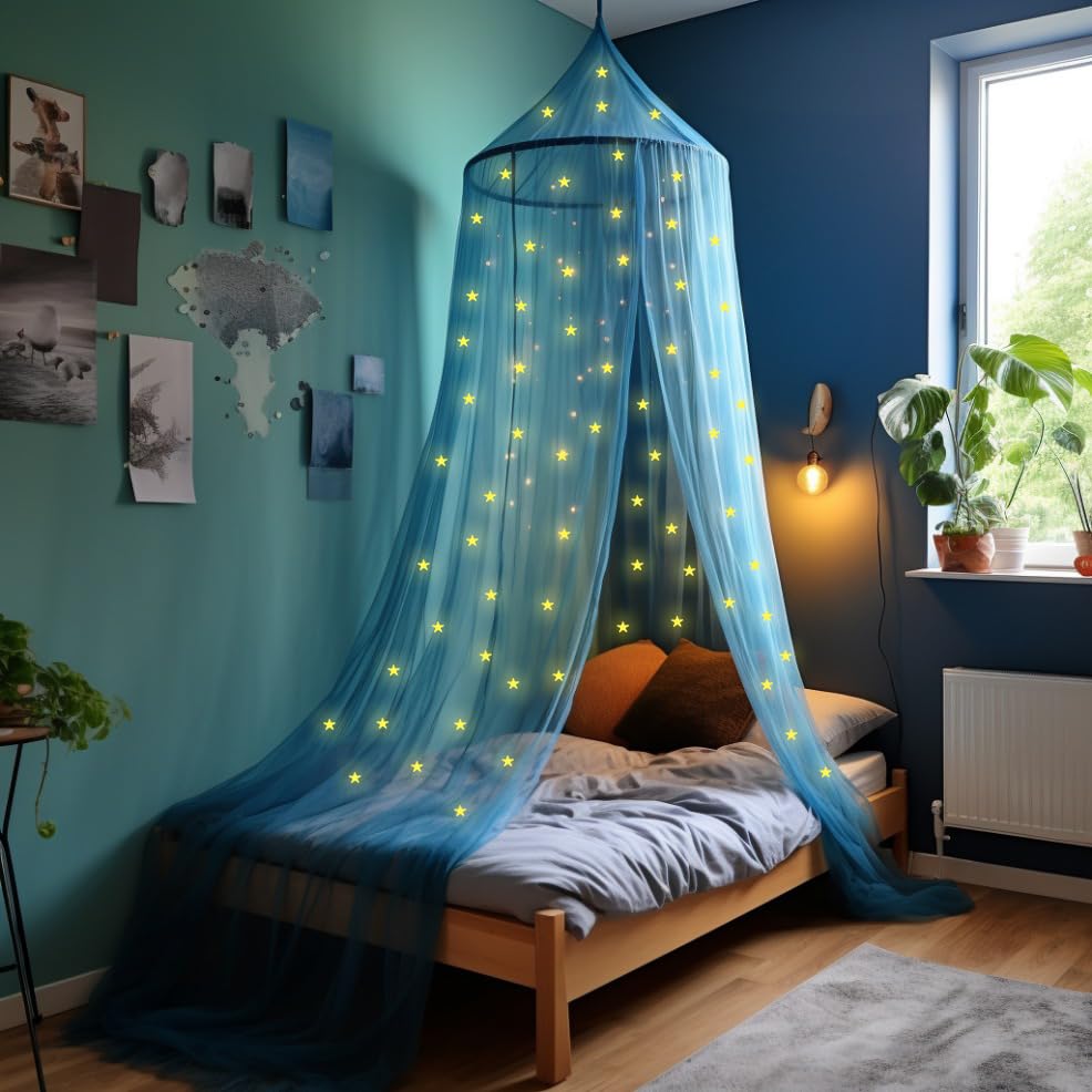 Image of Blue Canopy for Girls Bed with Pre-Glued Glow in The Dark Stars - Princess Mosquito Net Room Decor - Kids & Baby Bedroom Tent with Galaxy Lights - 1 Opening Canopy Bed & Hanging Kit Included
