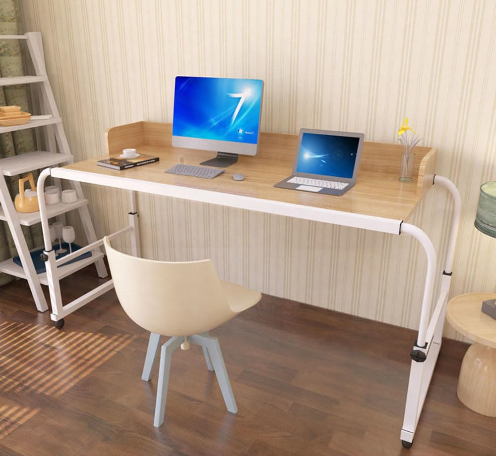 IUokLU Queen Bed Overbed Table with 4 Wheels Versatile Bar Dining or Laptop Cart Wooden Bedside Desk for Bedroom or Home Office (Madera)