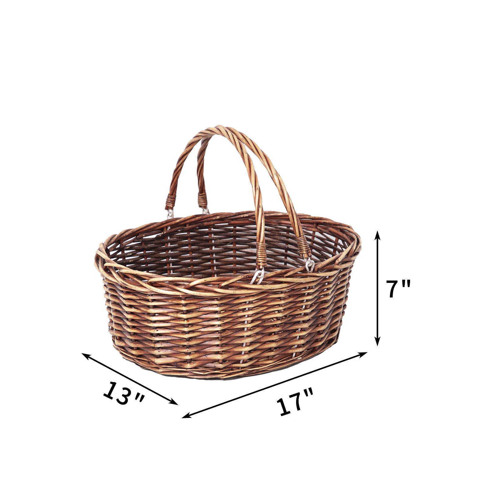 JJSQ Picknickkorb aus Weidengeflecht mit klappbaren Griffen, geflochtene Weidenkörbe zur Aufbewahrung, Garten, Ernte, Ostern, leerer Geschenkkorb, braun, groß 43,2 x 33 x 17,8 cm