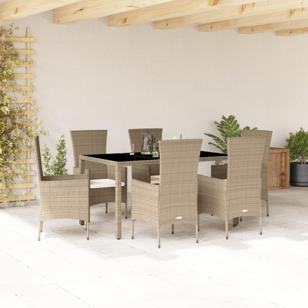 7-częściowy zestaw ogrodowy z poduszkami, beżowy polirattan, stół 150 x 90 cm, odporny na promieniowanie UV, łatwy w pielęgnacji, na taras, balkon, do jadalni na świeżym powietrzu