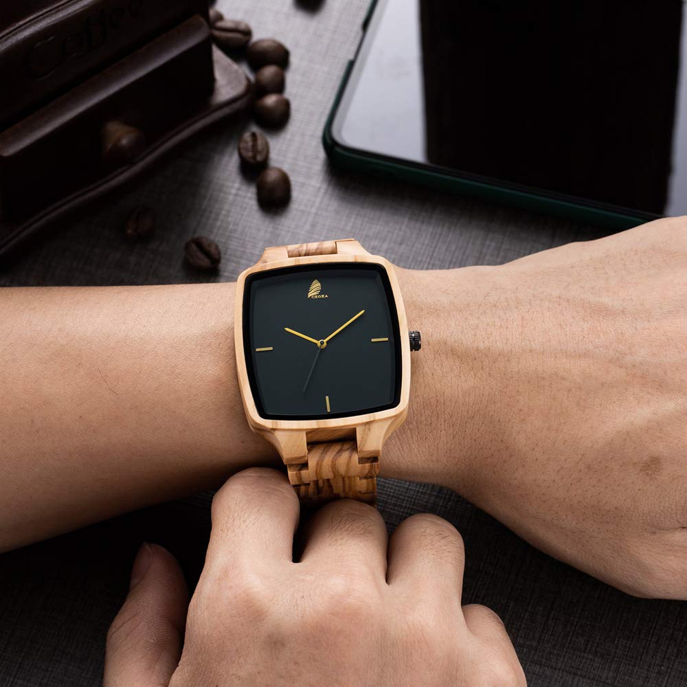Orologio da Uomo e donne in Legno, Noce nero naturale/oliva, con Movimento al Quarzo Giapponese, con cinturino regolabile, manuale analogico da polso