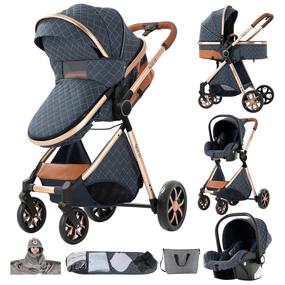 Poussette 3 en 1 Réversible Bleu, Siège Auto, Cadre Aluminium | avec auvent ajustable, cadre aluminium léger et solide. Modèle polyvalent