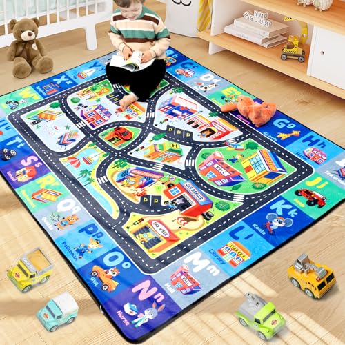 Diysani ABC Rug for Kids Playroom, Alphabet Rug 4x6 Feet, Washable Play Mat Non-Slip ABC Mat Classroom Carpet Car Rugs for Kids Learning Letters Animals Shapes for Play Room Decor