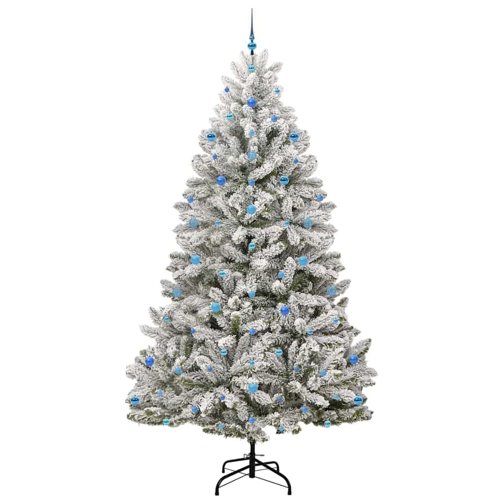 Sztuczna choinka, zielono-biała, 270 cm, metal PCW, wstępnie oświetlona 300 diodami LED o ciepłej białej barwie, łuszczący się śnieg, do wewnątrz i na zewnątrz, w zestawie zestaw bombek