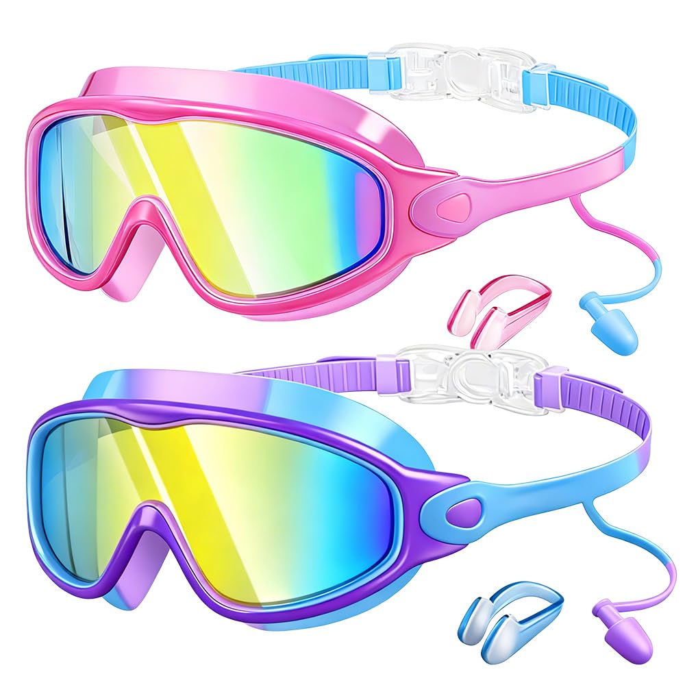 2PCS Kids Swimming Goggles, 2026 New Swim Goggles for Children & Teens Age 4-14, Wide Vision Anti-Fog UV Protection, Girls and Boys Swimming Goggles No Leak (C02)