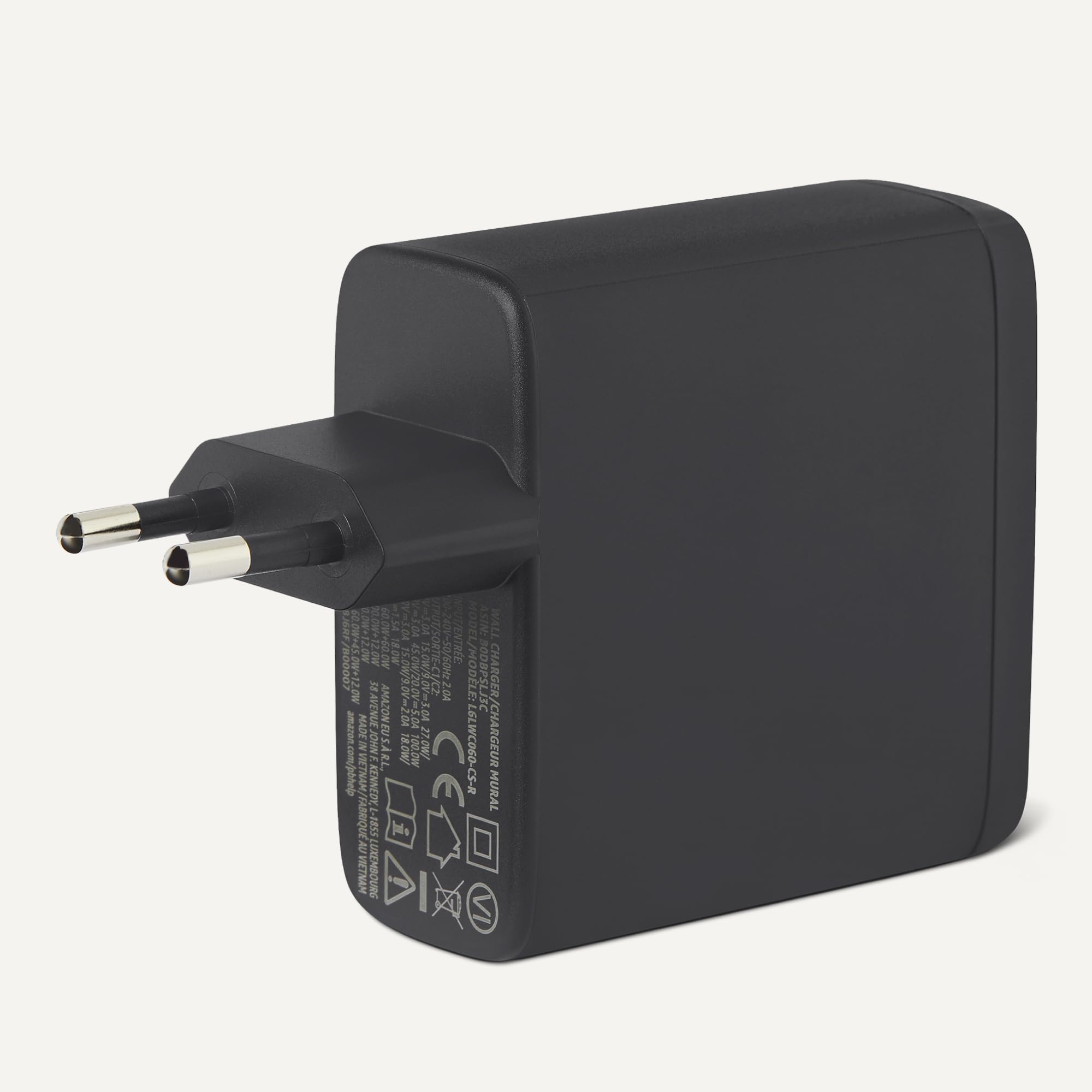 Amazon Basics Caricabatterie da Parete Nano GaN USB-C con Ricarica Rapida, 120W a 3 Porte per Laptop, Tablet e Smartphone, Nero