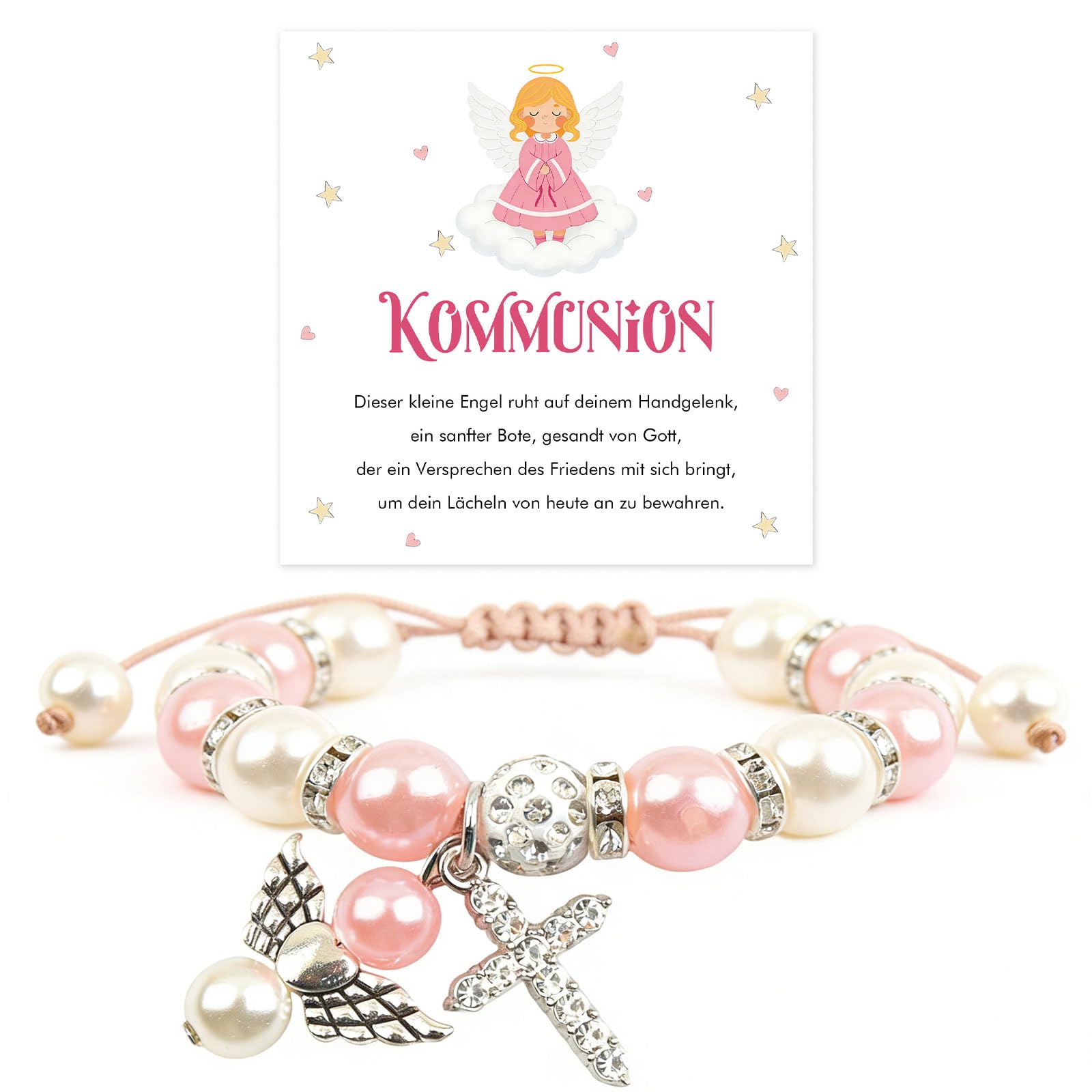Kommunion Geschenke für Mädchen: Handgefertigtes Rosa Weißes Perlen Strass Kreuz Schutzengel Armband mit Segenskarte – Verstellbarer Erstkommunion Geschenke Mädchen für Enkelinnen oder Blumenmädchen