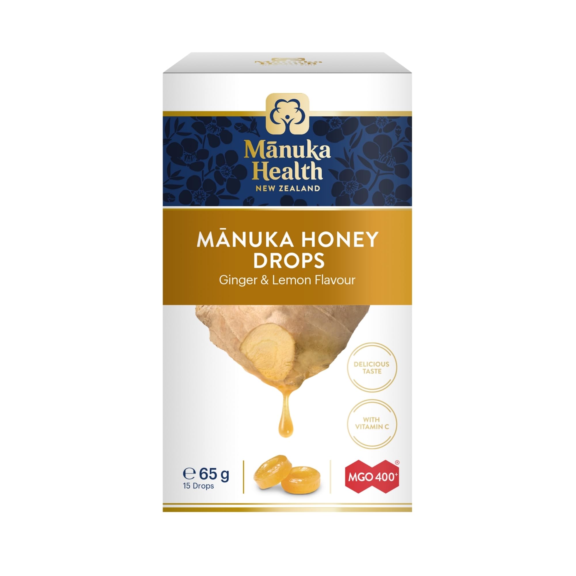 Manuka Honey Lozenges – Ginger and Lemon Flavour, MGO 400+ with Vitamin C, Soothing Drops for Throat Relief – Made with New Zealand Honey, 15 Lozenges