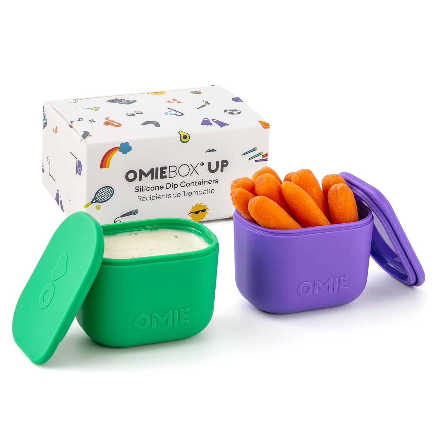 OmieBox (2 pack) Leakproof Dips Containers To Go, Salad Dressing Container, Condiment Container with Lids - Food Safe Silicone - 4 ounces (Purple/Orange)