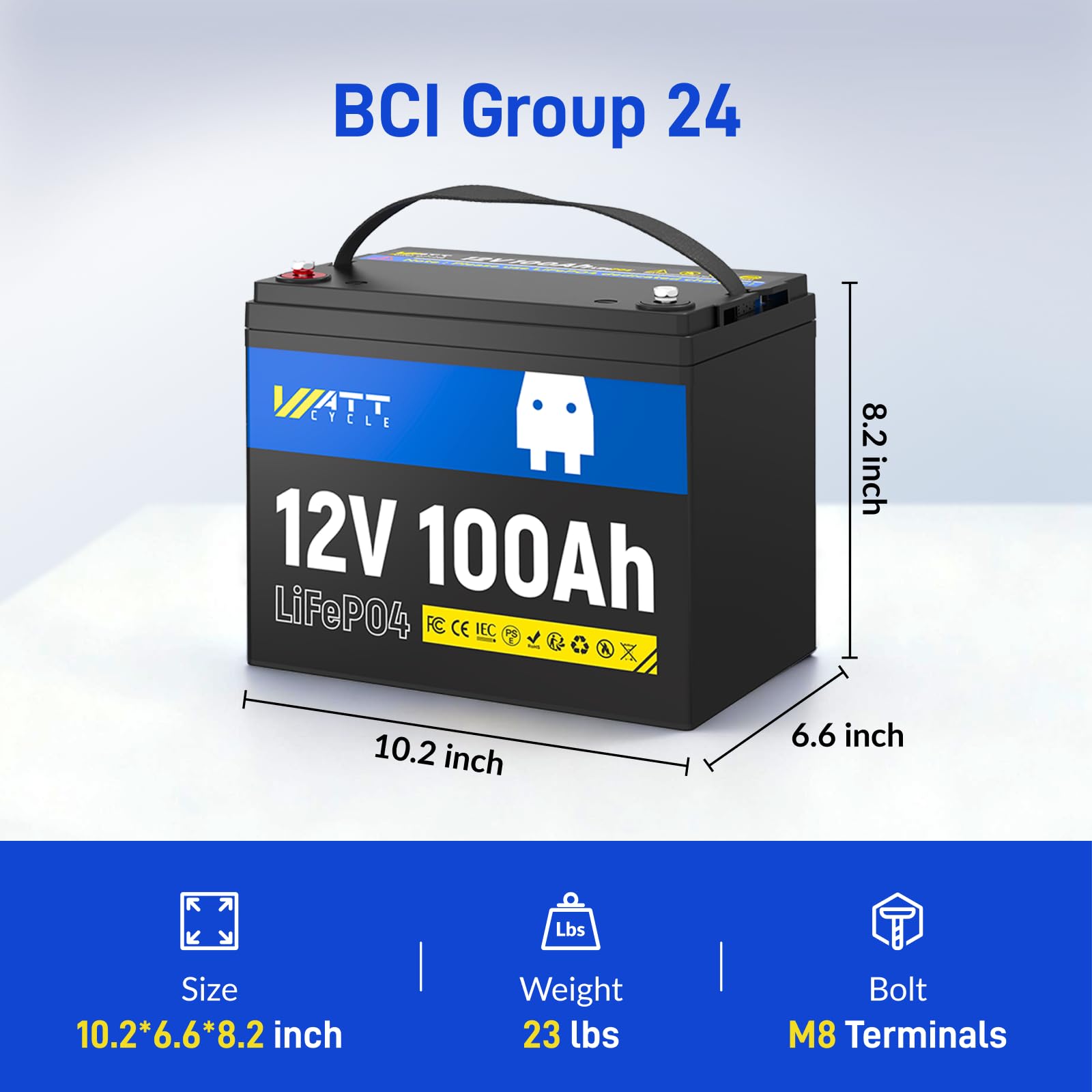 Wattcycle Batería de Litio LiFePO4 12 V 100 Ah, con BMS de 100 A, Protección contra Bajas Temperaturas, 1280 W, 8000-15000 Ciclos, para Autocaravanas y Sistemas Solares