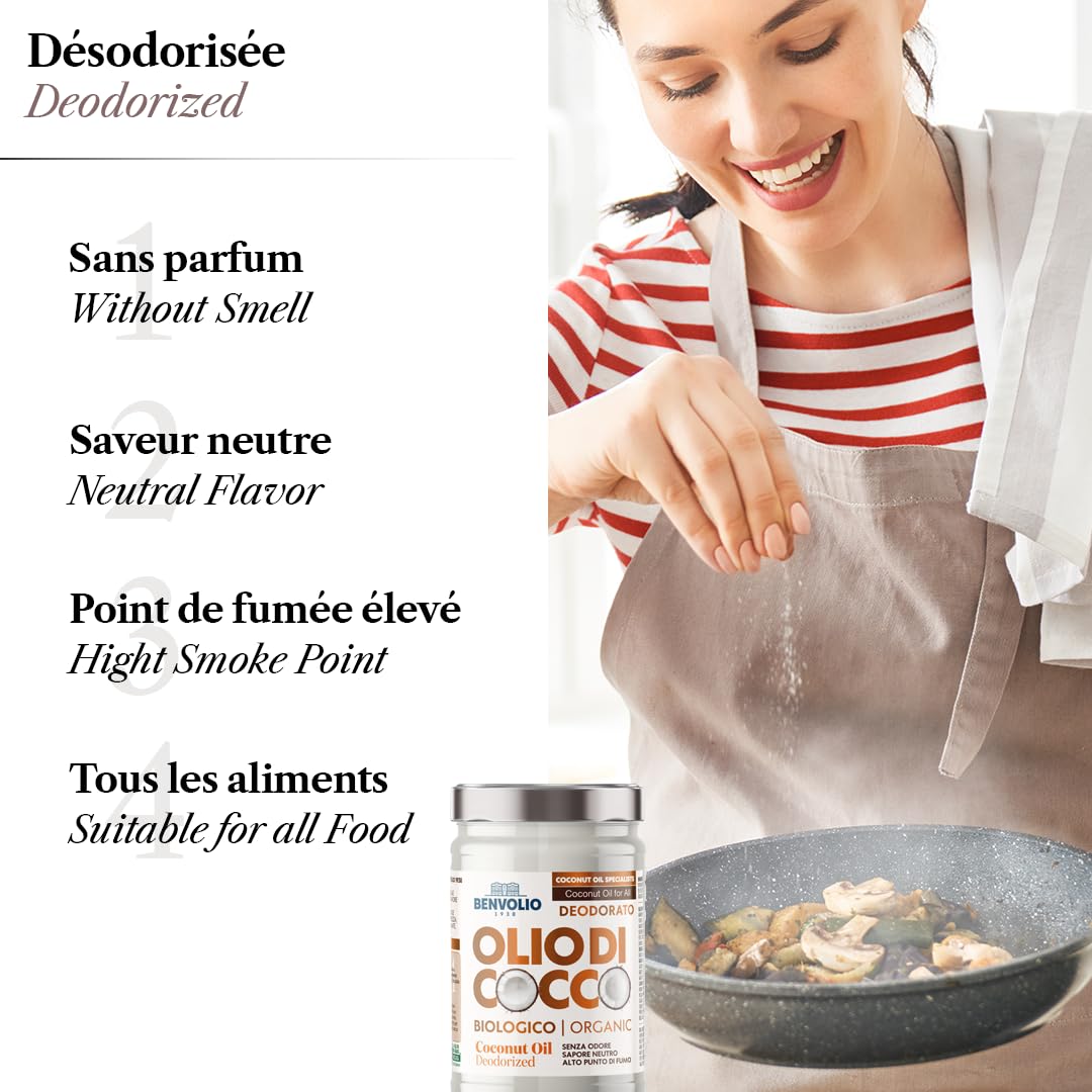 BENVOLIO - Aceite de coco orgánico desodorizado | 950 ml | Puro, versátil e inodoro | Sin lactosa | Hidratante para la piel y el cabello | Cocina y cuidado personal | Aceite de coco y kokosöl