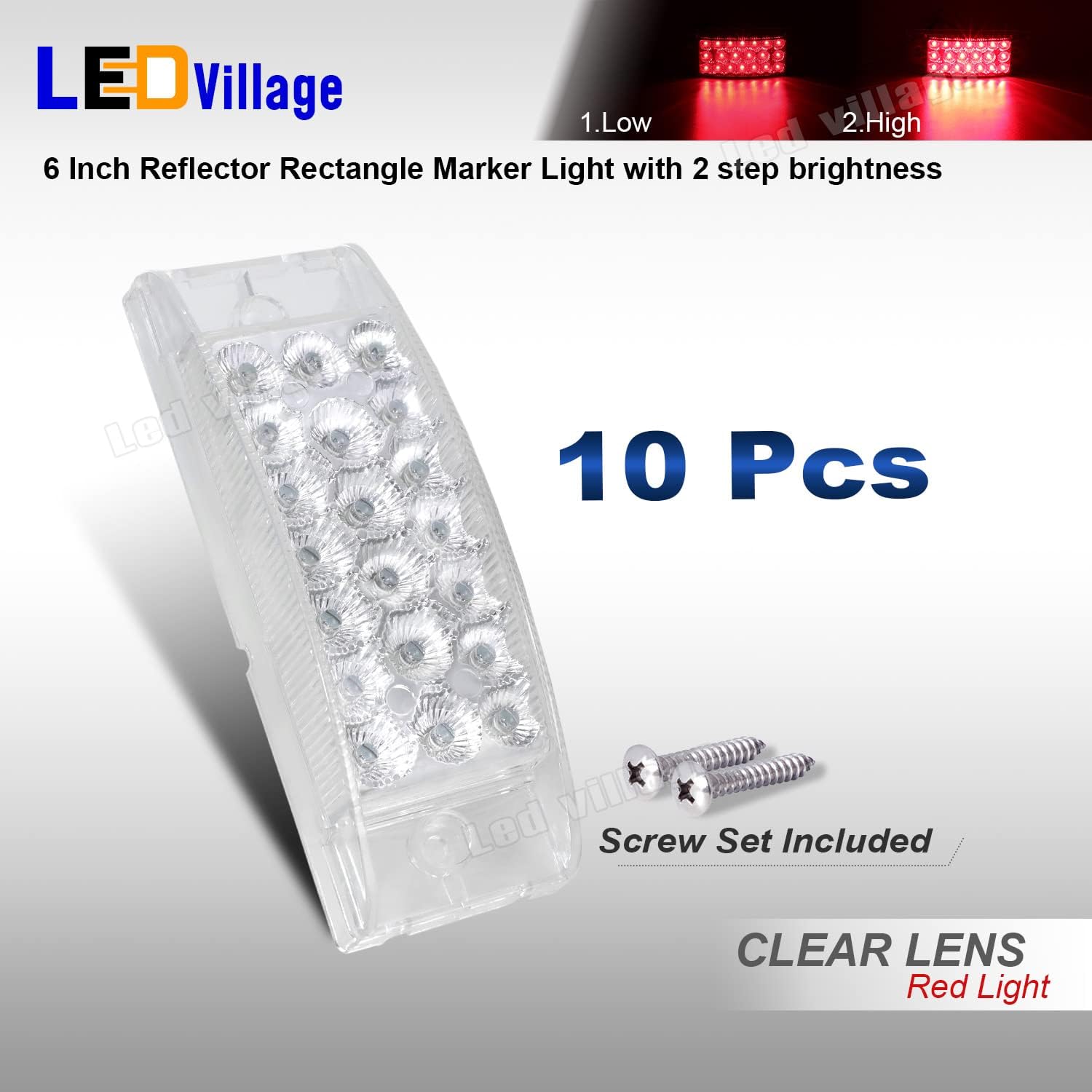 Pack of 10 6” Rectangular Clear Lens Red Side Marker Lights 20 Diodes LED 2 Step Brightness for Trailer Tractors RV Brake Stop Lamps 12V DC image 2