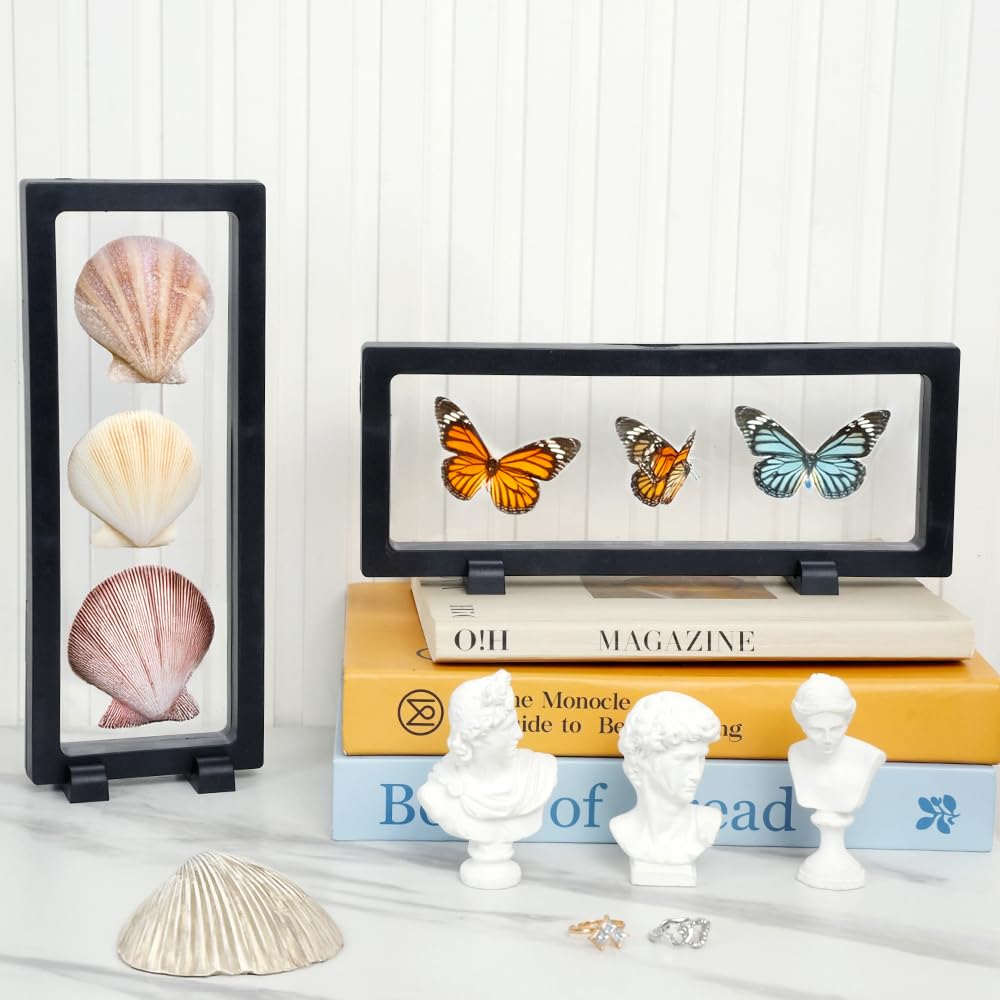 5 szt. przezroczystych 3D pływających etui z 10 uchwytami – czarna ramka na monety na medale AA, biżuterię, muszle, skamieniałości (230 x 90 x 20 mm)