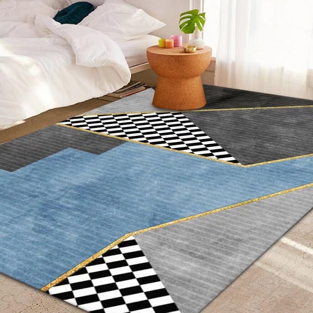 Tapis de salon bleu 200x300 cm lavable et design ligne unique pour chambre enfant