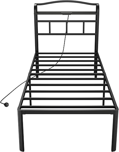 Miniatura 8 de Base de cama de metal de 18 pulgadas, base de colchón básica de plataforma resistente de color negro con cabecera y estación de carga, no necesita