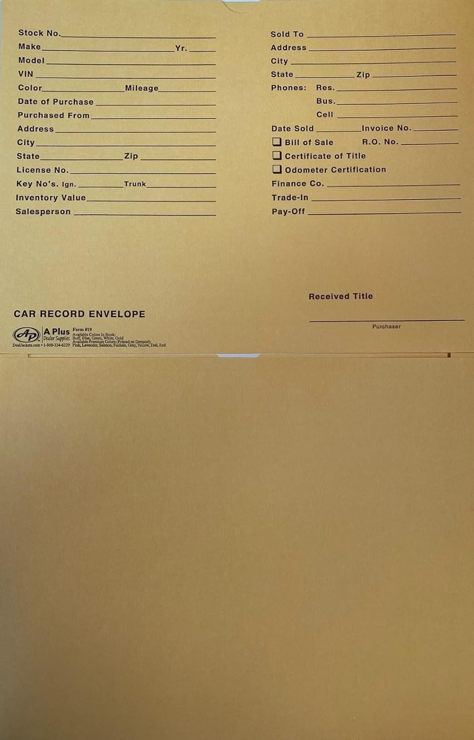 A Plus Automotive Vehicle Dealer File Jackets #19 Car Record Envelope - 500 Qty