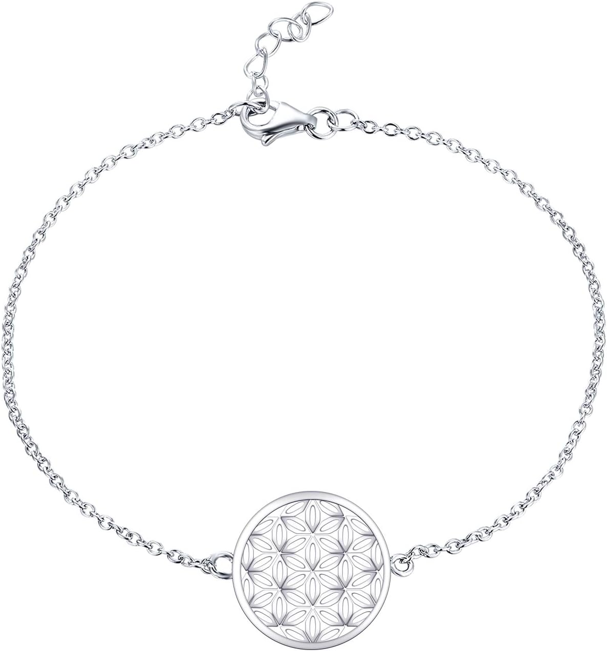 JO WISDOMWomen Bracelet,925 Sterling Silver Flower of Life Amulet Link Bracelet,20cm