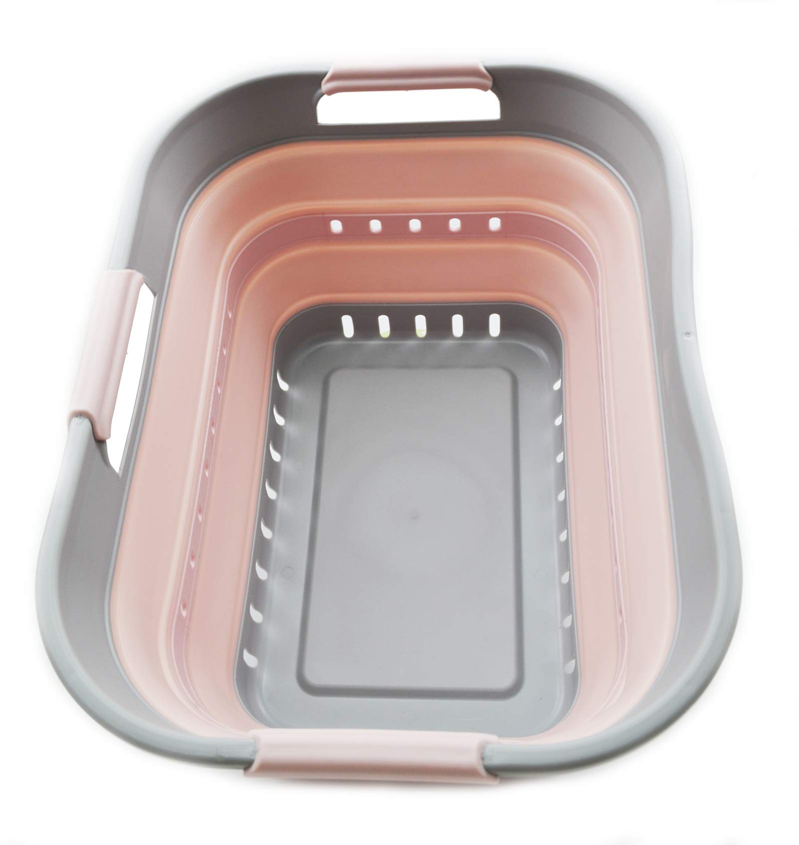 SAMMART 19L (5 gallon) Collapsible Super Mini 3 Handled Plastic Laundry Basket - Foldable Pop Up Storage Container/Organizer - Space Saving Hamper/Basket (1, Grey/Pink)