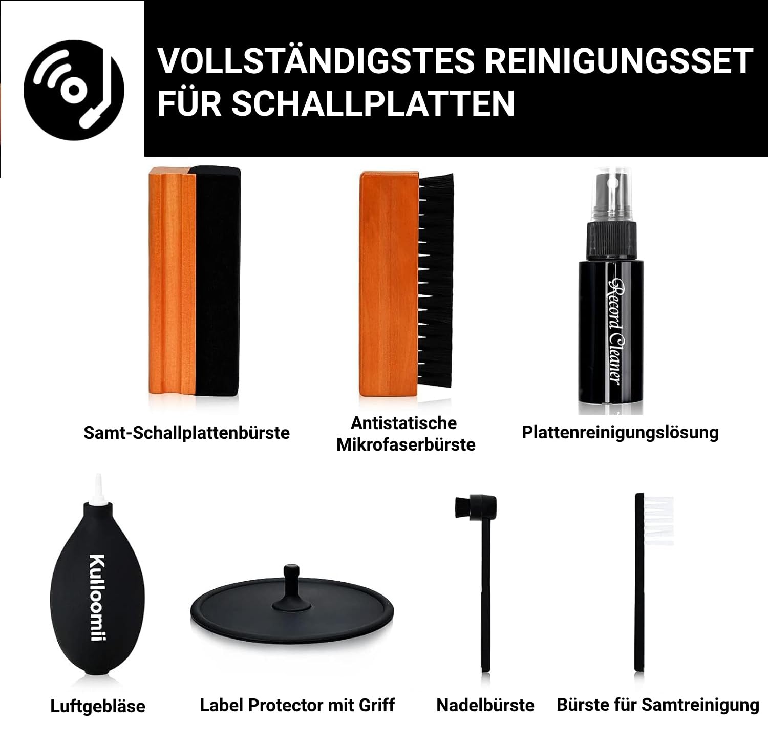 7-teiliges Reinigungsset für Schallplatten, weiche Samtbürste, Mikrofaserbürste, antistatische Flüssigkeit, Etikettenschutz, Luftgebläse, Stylusbürste