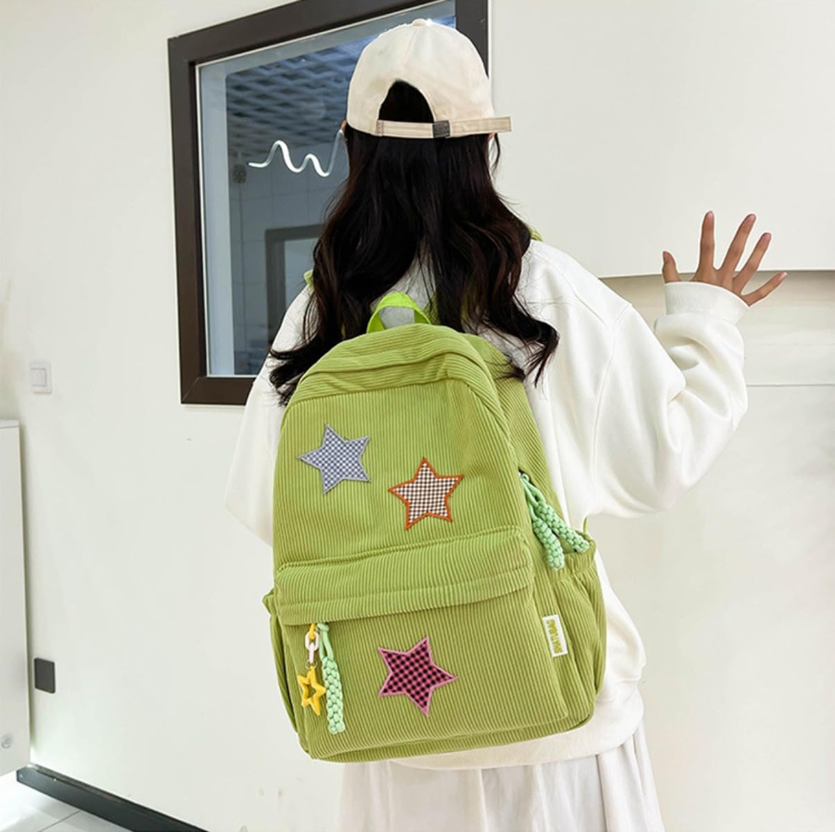 Star Backpack Kawaii Large Capacity Aesthetic Rucksack Cute Accessories Bag for Woman Light-hearted Mori (Green,Large) - Image 3