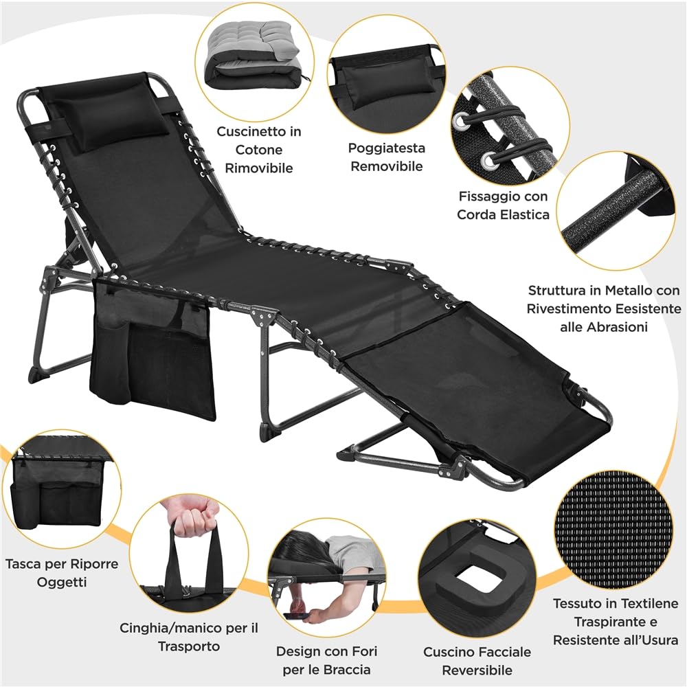Yaheetech Lettino da Spiaggia Pieghevole Materasso Spesso 5 Regolazioni Tasca Laterale Giardino Campeggio Portata 136 kg 189 5 x 67 x 35 cm Nero