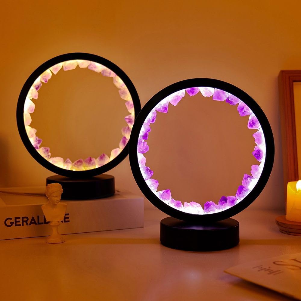 ECCELLENZA.ae Amethyst Crystal Decorative Lamp with Cool Light – Perfect for Home Décor and Meditation Amethyst LED Ring Light – Elegant Décor with Positive Energy - Night light