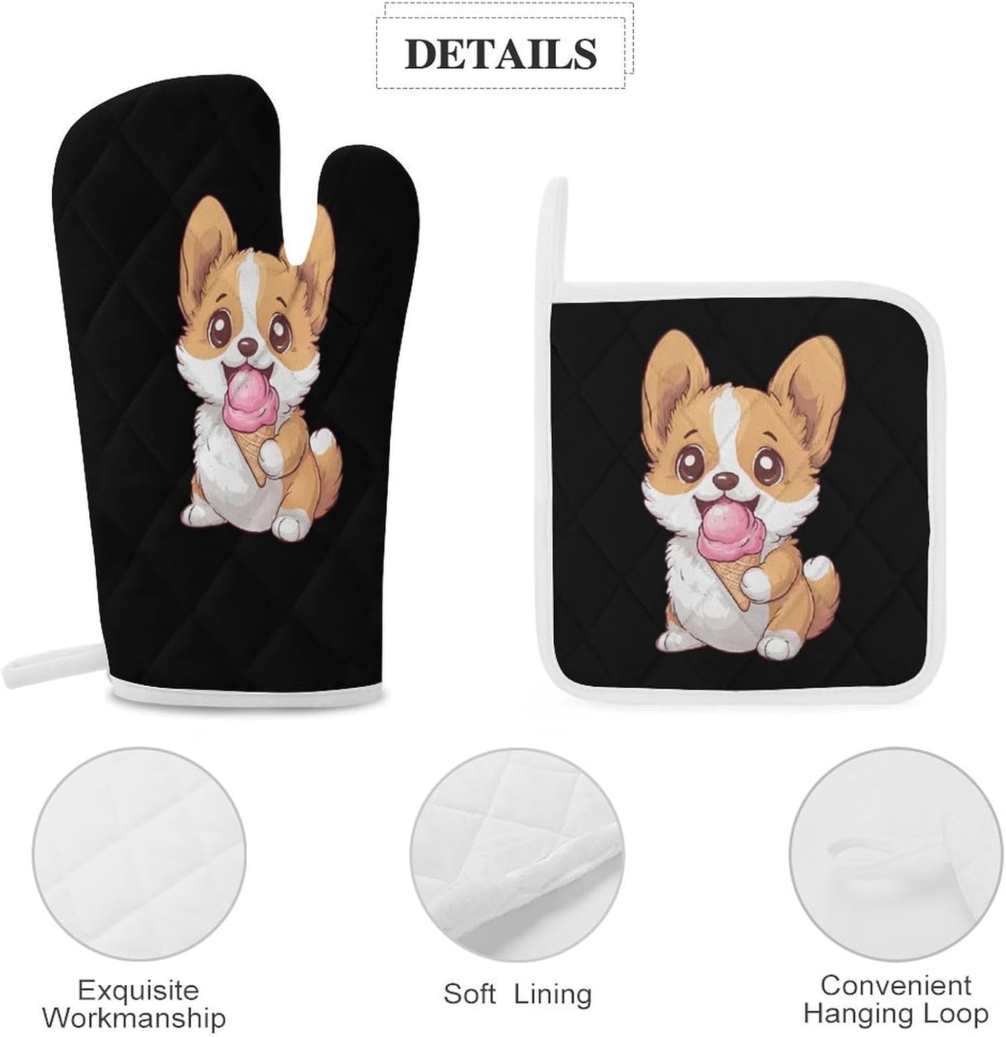 Corgi Puppy Eating Ice-Cream Oven Mitts and Pot Holders 4Pcs Set Heat Resistant Cooking Mitts Hot Pads