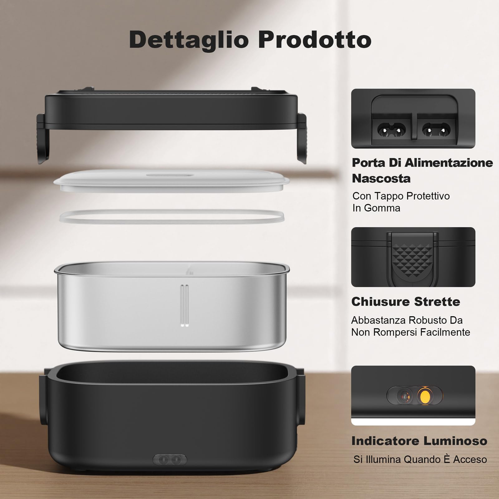 Scaldavivande Elettrico, 1.5 L 3 In 1 Scalda Vivande Portatile Elettrico, 80 W Porta Pranzo Termico con Borsa Termica, 12 V/24 V/220 V Lunch Box Termico per Auto Camion e Ufficio, Nero