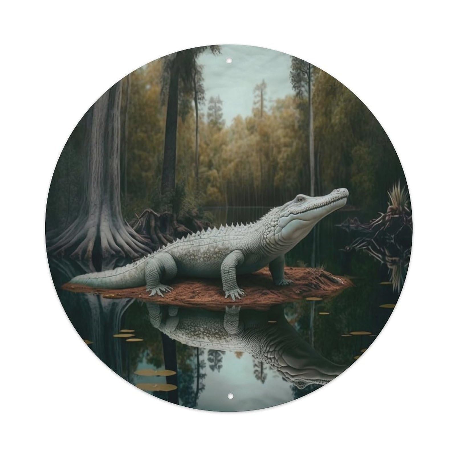 Animal Artwork White Crocodile on The Creek Vintage Metal Tin Sign Plaque Wall Decor for Cafe, Club Bar, Office, Garden Metal Poster 8x8Inch