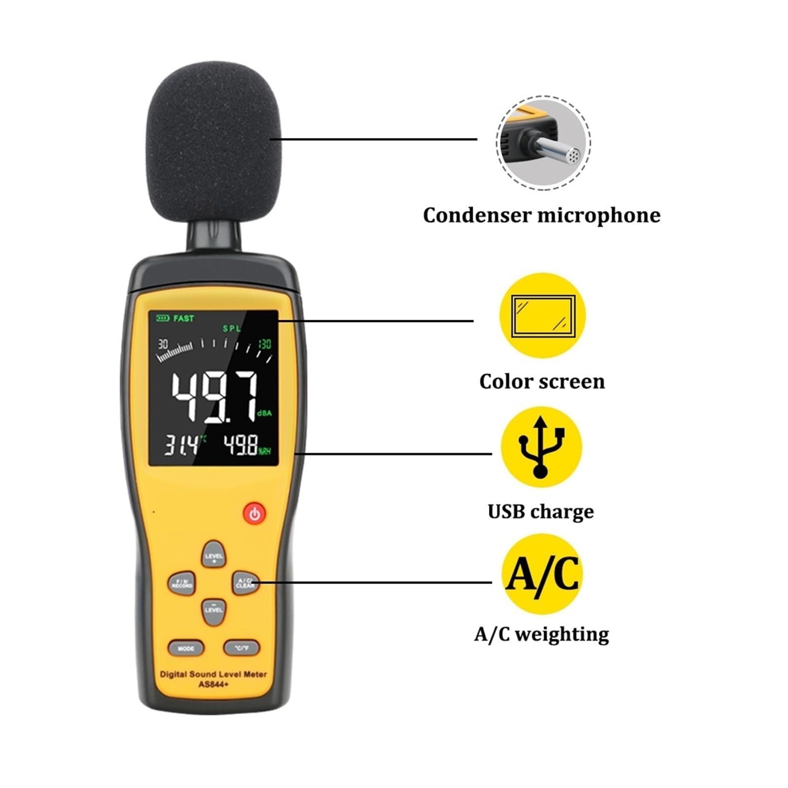 sonómetro, Medidor de nivel sonido digital 30-130dBA con pantalla LCD a color