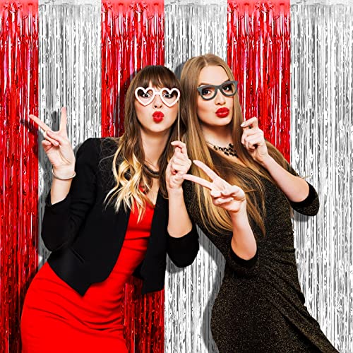 Image of 4 Pack 3.2Ft x 8.2Ft Silver Red Foil Fringe Curtain Backdrop, Metallic Tinsel Foil Fringe Streamers Curtains Background for Photo Booth, Wedding, Circus Welcome Carnival Birthday Party Decoration