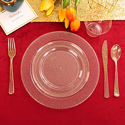 Dayammi 112Pcs Gold Glitter Plastic Plates, Gold Disposable Dinnerware Gold Fancy Plates For Party Includes 16 Gold Dessert Plates, 16 Gold Dinner Plates, 16 Per Rolled Napkins With Cutlery And Cups #TOP4