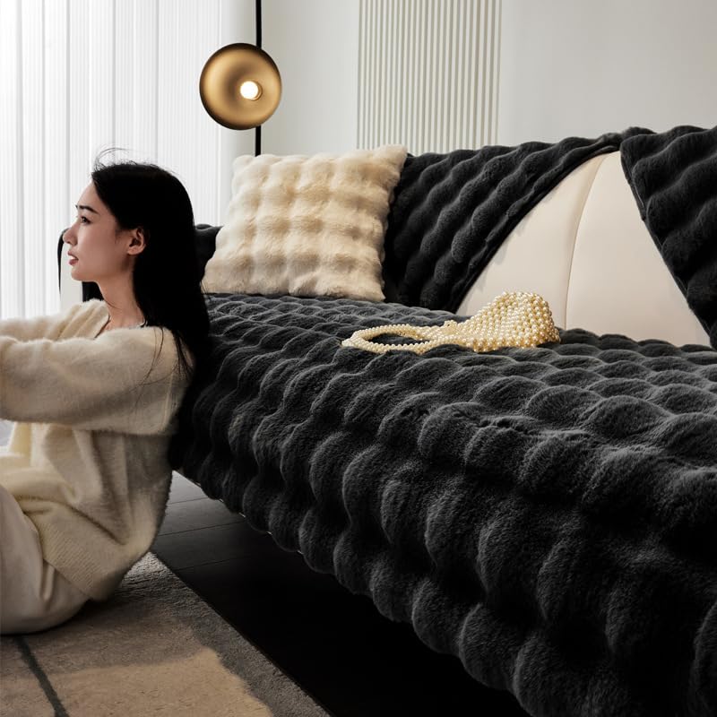 Housse de canapé 90x120 cm en velours lapin noir épais