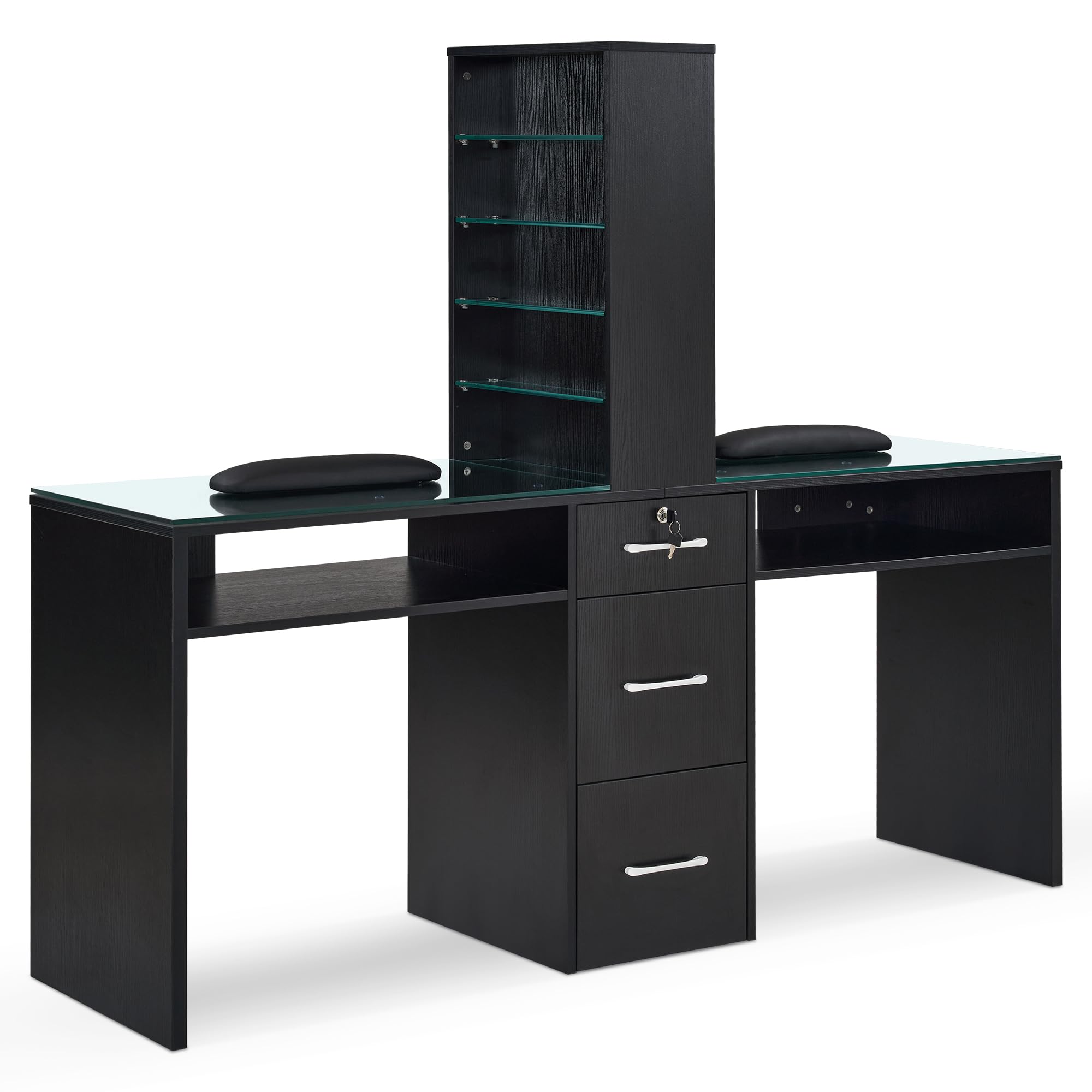 BarberPub Double Manicure Table for Storage, Beauty Nail Desk with Glass, Modern Nail Salon Makeup Station, Functional Manicure Workstation, Spa