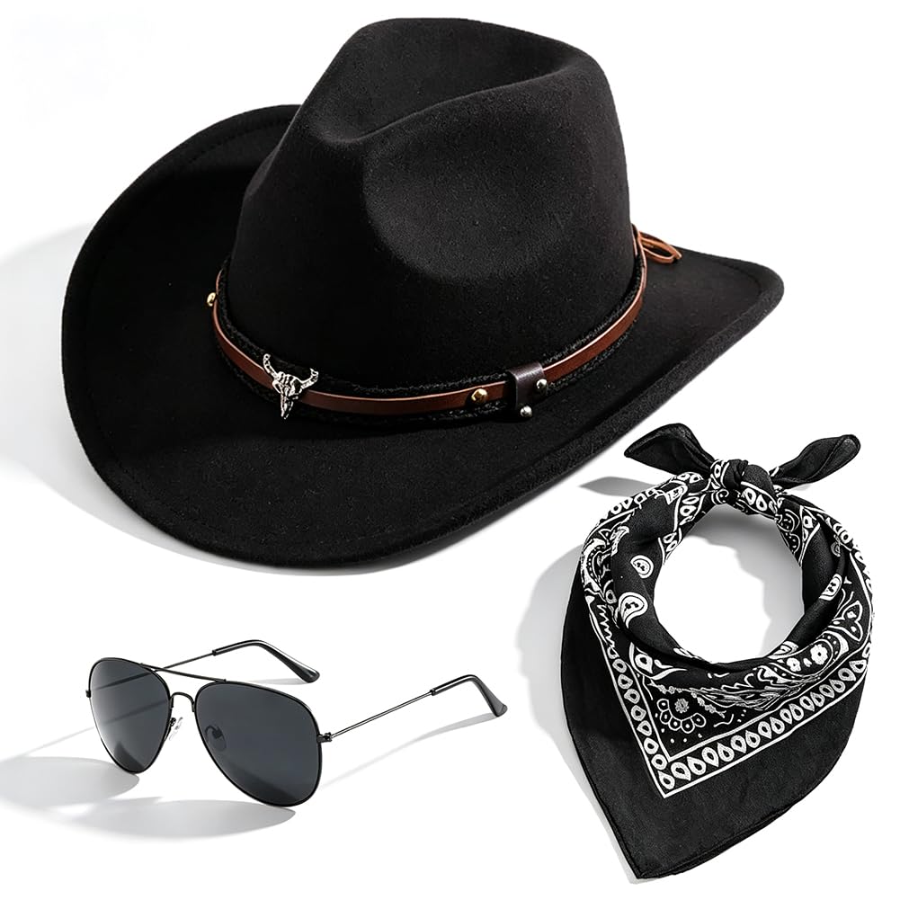 FCXVXCL Cowboy Hat, 3PCS Western Cowboy Costume Accessories for Adults Cowgirl Hat Fancy Dress Accessory Set with Bandana Glasses Western Hats for Carnival Halloween Birthday Cosplay Party(Black) — image 1