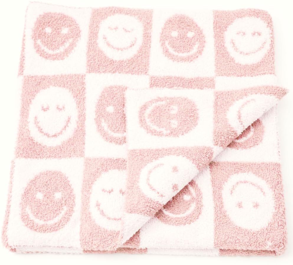 Image of L+L USA Checkered Smiley Face Baby Blanket 28 inchx40 inch - DreamSoft Knit Throw for Crib, Stroller or Car Seat Blanket /Newborn Nursery Gift Essential for Toddler, Infant, Kids, Boys & Girls (Pink /White)